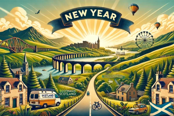 Generated image of a Scottish landscape and the words NEW YEAR on a banner